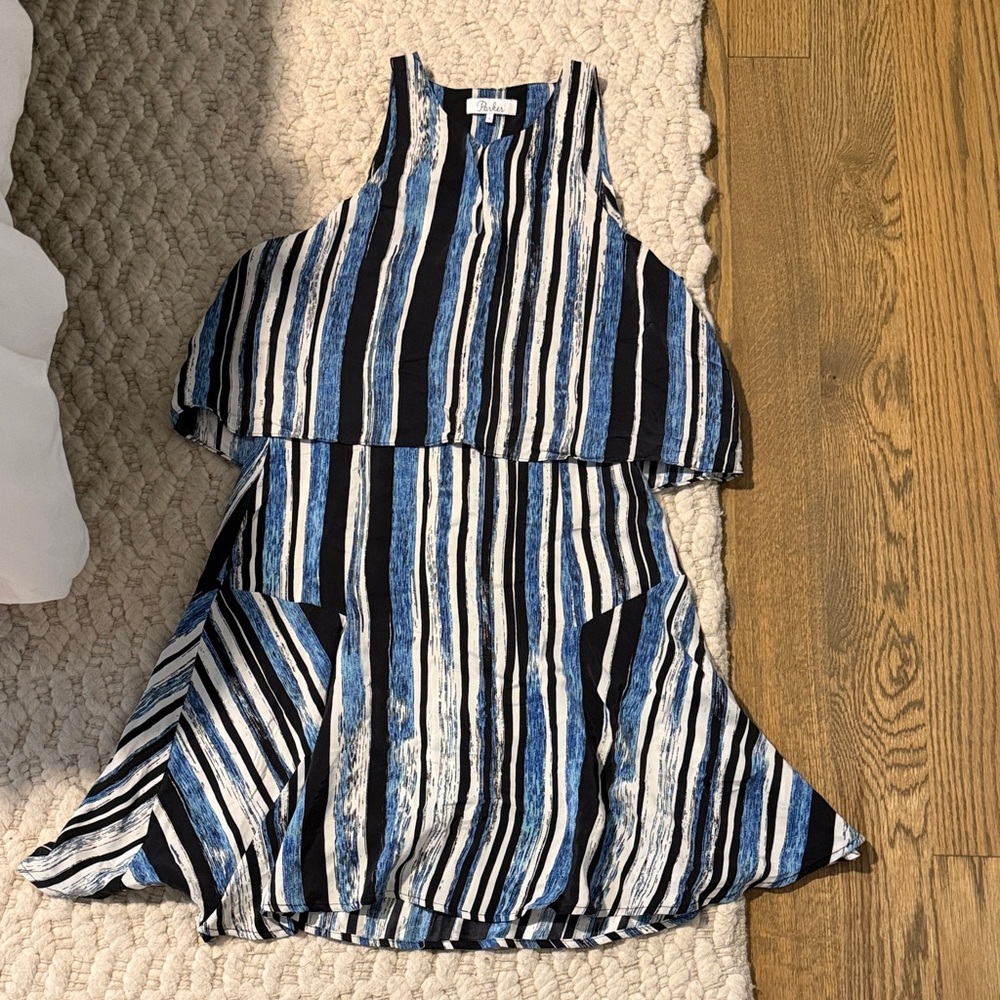 Parker Blue, Black & White Striped Sleeveless Dress